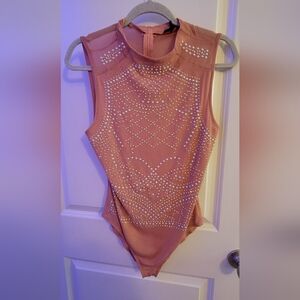 Fancy Mauve/ Pink Embellished Sparkle Bodysuit W Button Crotch Size L